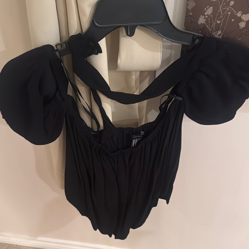 Forever 21 Black Puff Sleeve Bodysuit with Ruched Details